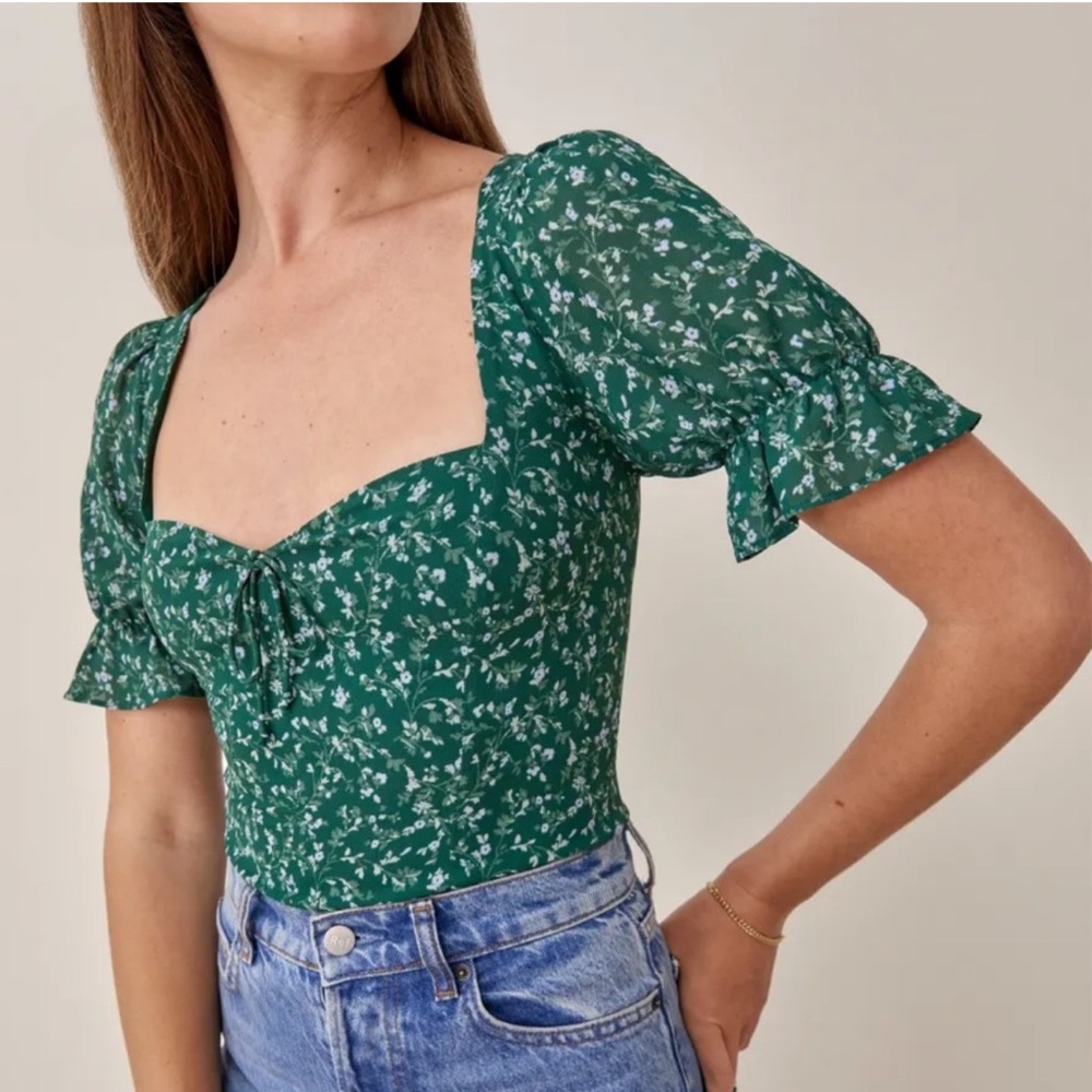 Reformation Green Floral Blouse